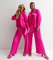 New Look Take a Bow Bright Pink Plisse Wide Leg Trousers